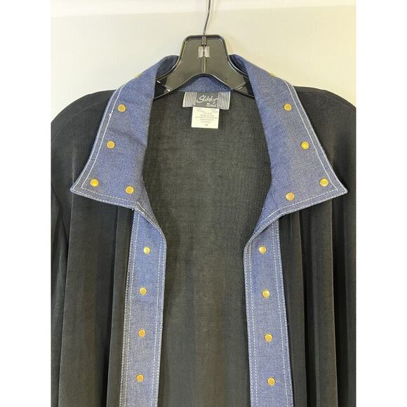 VTG SLINKY BRAND Open Cardigan Top Womens XL Made in USA Long Sleeve Black/Denim - Picture 2 of 11